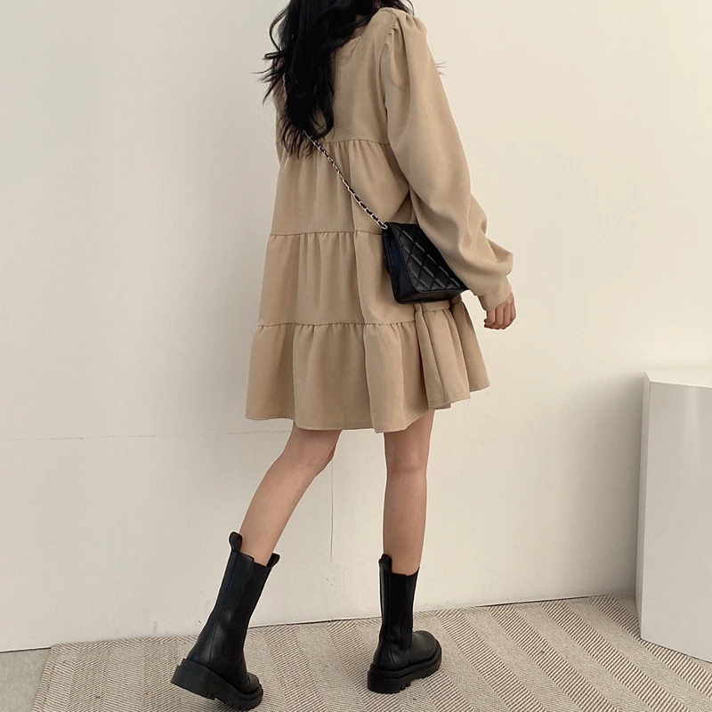 Женские платья с длинным рукавом однотонные нежные стильные платья-трапеции в