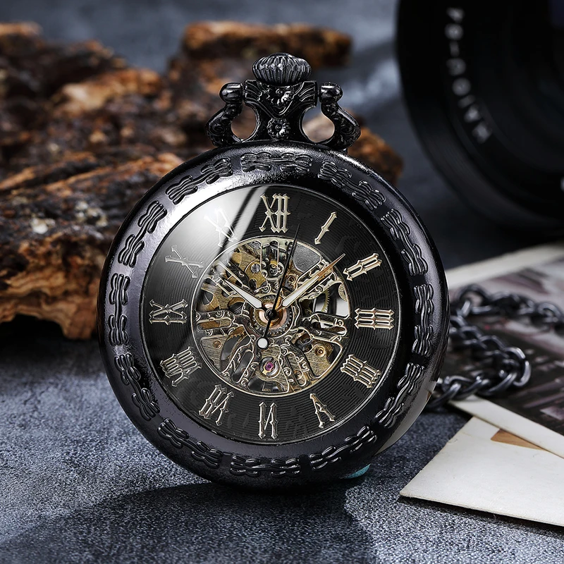 Vintage Golden Skeleton Steampunk Mechanical Pocket Watches Roman Numerals Hand-Wind with Chain Men Women Clock Fashion Gift New