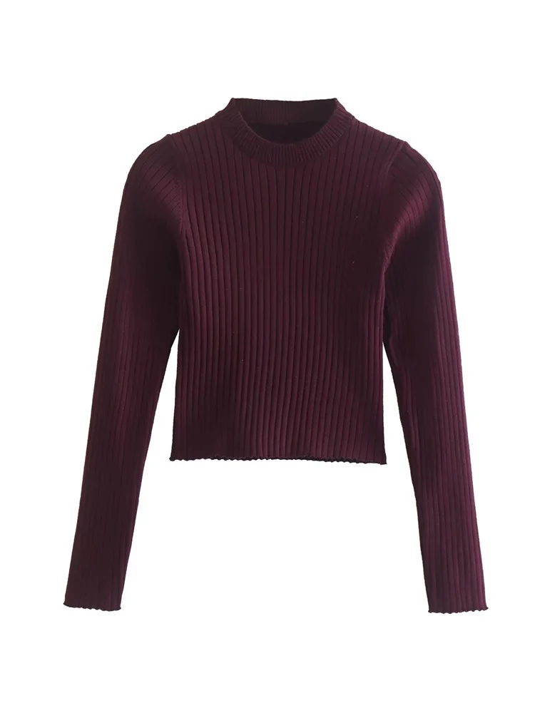 

MESTTRAF Women Fashion Solid Color Cropped Ribbed Knit Sweater Vintage Half Turtleneck Long Sleeve Female Pullovers Streetwear