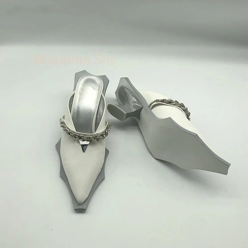 Summer Pointed Toe Women's Slippers Metal Chain Sandals Strange High Heel Novelty Solid Comfortable Outside Ladies Shoes