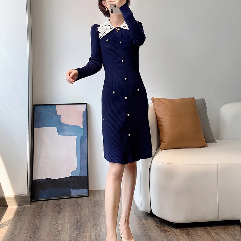 Vintage Lace Embroidery Pearl Buttons Navy Blue Knitted Mini Dress New Autumn