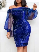 blue glitter dresses sexy off shoulder tulle patchwork high waist bodycon knee length long sleeve cocktail event party outfits