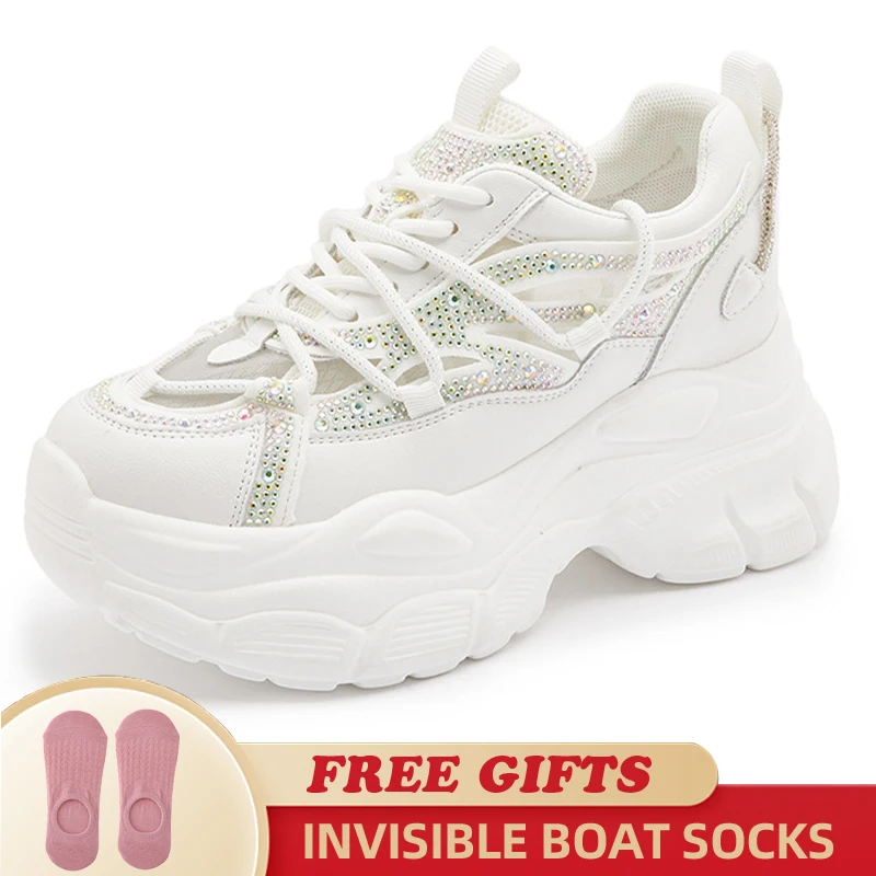 8CM Air Mesh Women Summer Rhinestones Shoe Platform Sneakers Soft Sole Chunky Heel Women Fashion Breathable Sneakers Woman Shoes