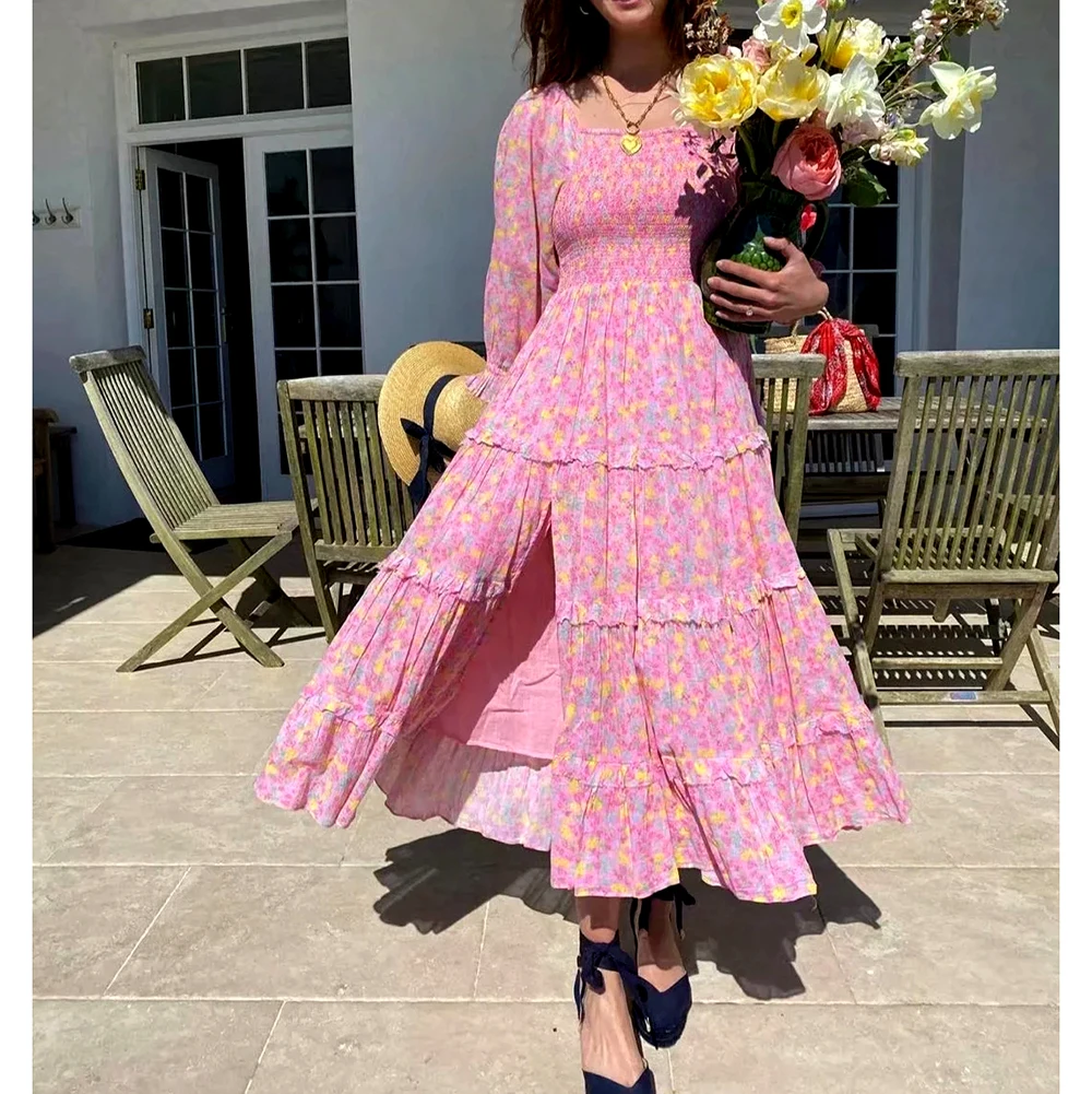 

GypsyLady Floral Printed Maxi Dress Pink Vintage Boho Summer Women Dresses Casual Chic Backless Split Ladies Beach Female Dress
