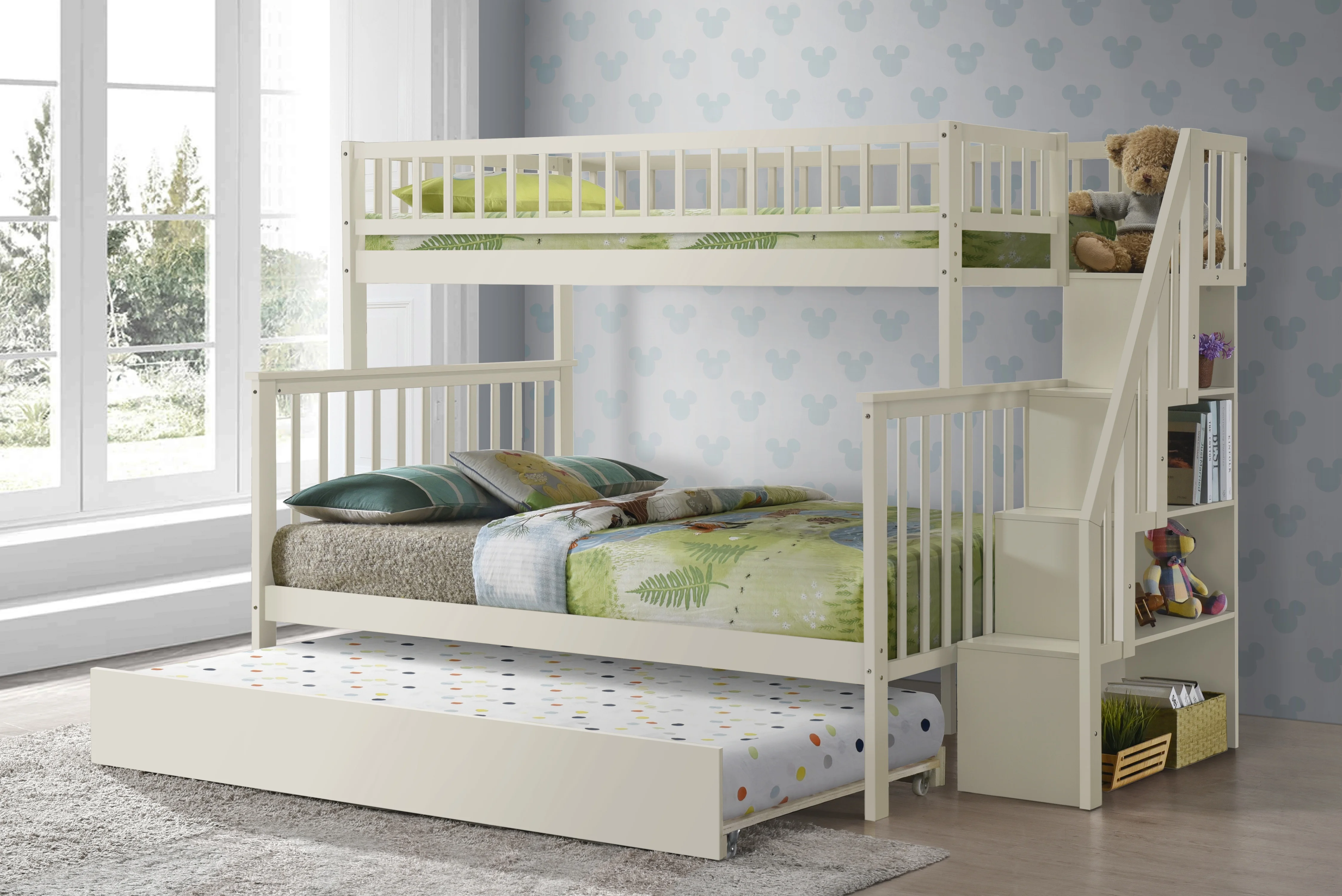 

Twin over Full Stairway Bunk Bed with Trundle White