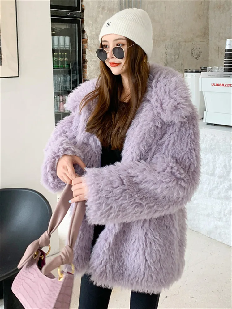 Elegant Violets Fur Coat Women Winter New Imitation Lamb Wool Coat Fashion Streetwear Lapel Single-breasted Jacket LR2340