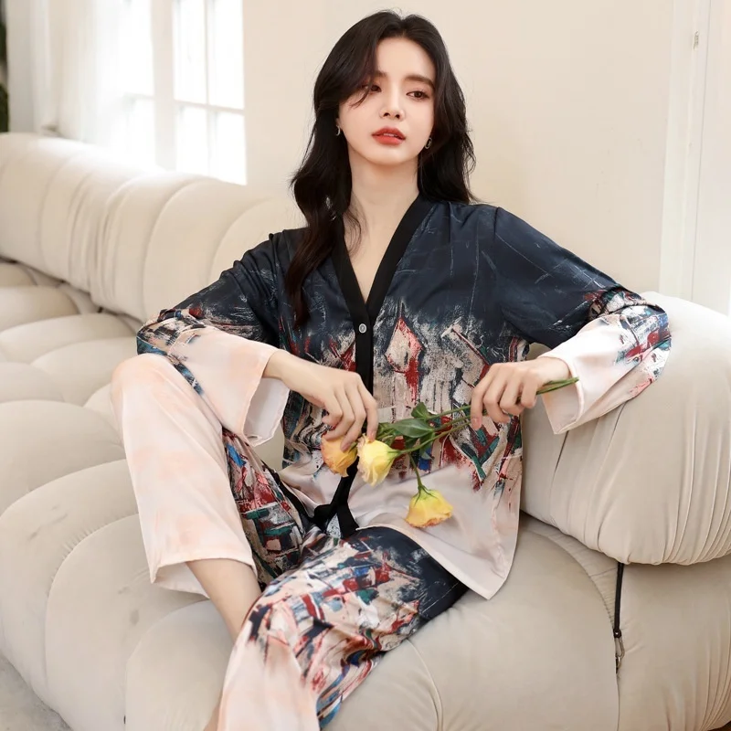 Lisacmvpnel Women's Spring New Pajama Set Ice Silk Thin Long Sleeve Suit Sleepwear 2023 New Large Size Printed Pyjamas
