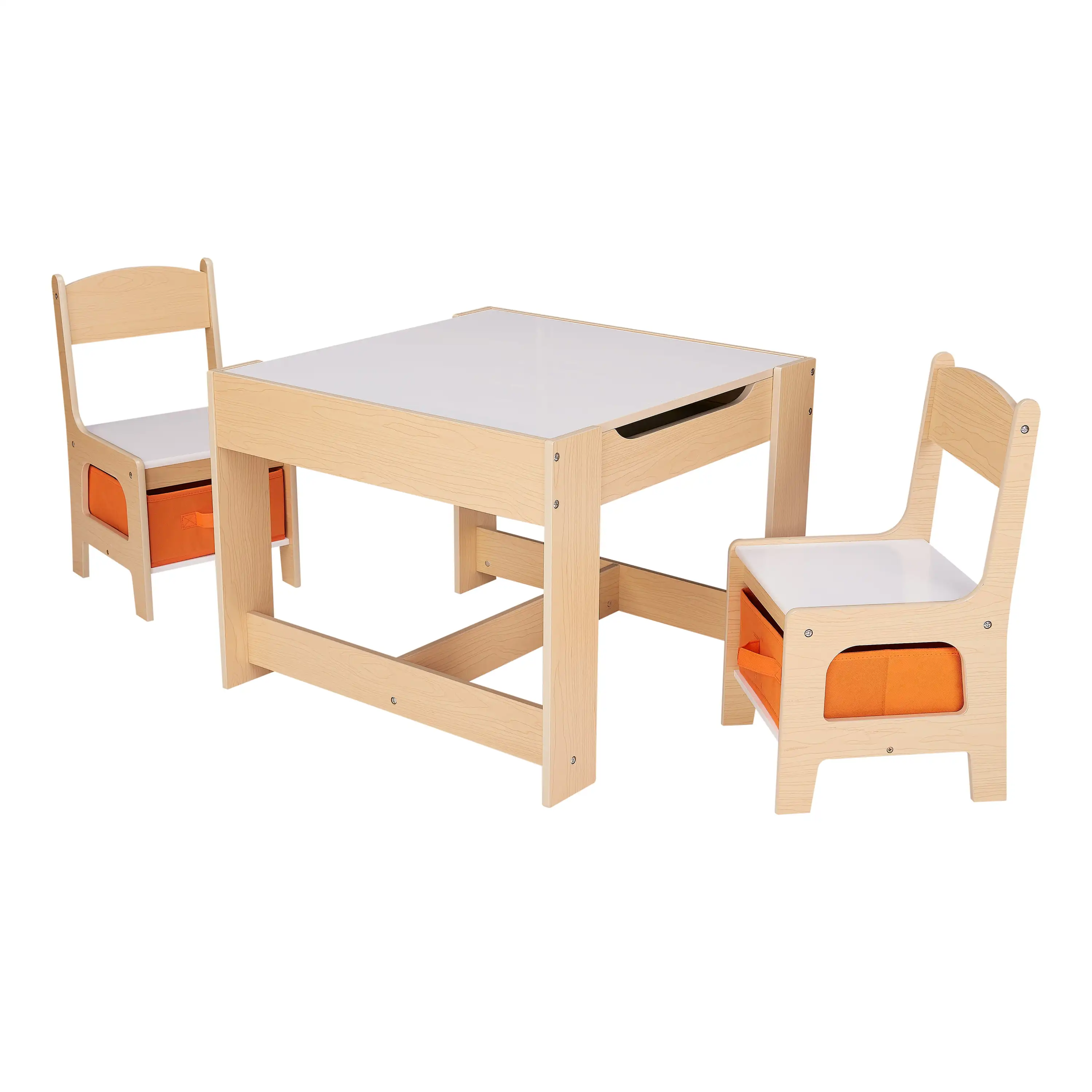 Kids Wooden Storage Table and Chairs Set, Natural Color, Melamine, 3 Piece Natural