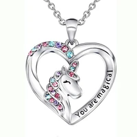 creative fashion new unicorn necklace colorful heart pony children love rhinestone pendant for women girl jewelry gift