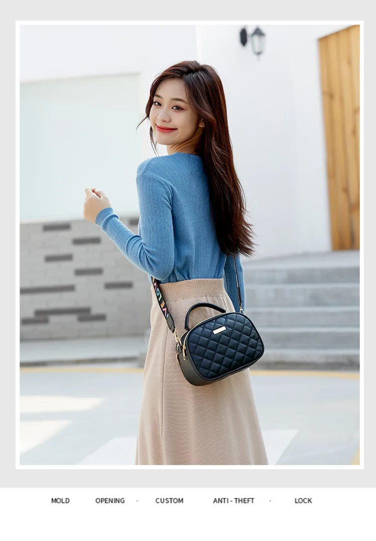 Women bag 2023 new rhombic embroidered double zipper portable slung ribbon camera bag handbag  shoulder bag