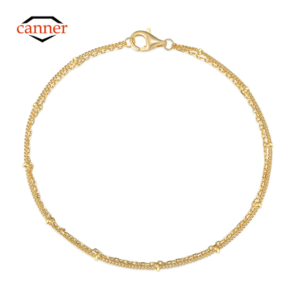 

CANNER Round Ball 925 Sterling Silver Bracelet For Women Double Layers Wedding Party Simple Chain Fine Jewelry 18K Gold Mom Gift