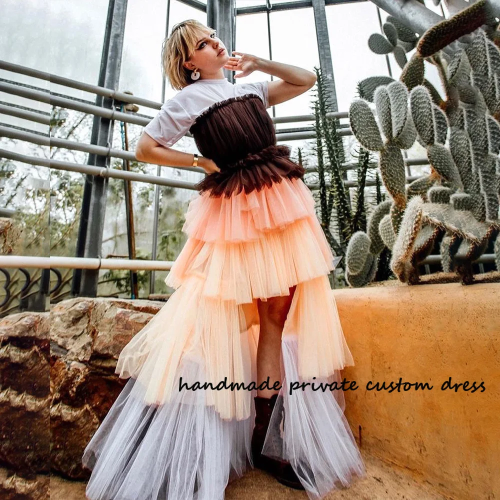 

High Low Fairy Evening Prom Dresses Patchwork Tulle Strapless Princess Graduation Party Dress Floor Length Women Evening Gowns