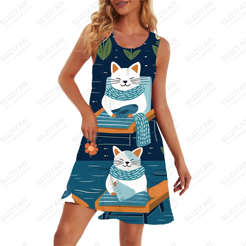 

Летнее платье с 3D-принтом мультяшного кота, простое платье без рукавов с круглым вырезом, уличное платье для покупок, модное свободное Повседневное платье