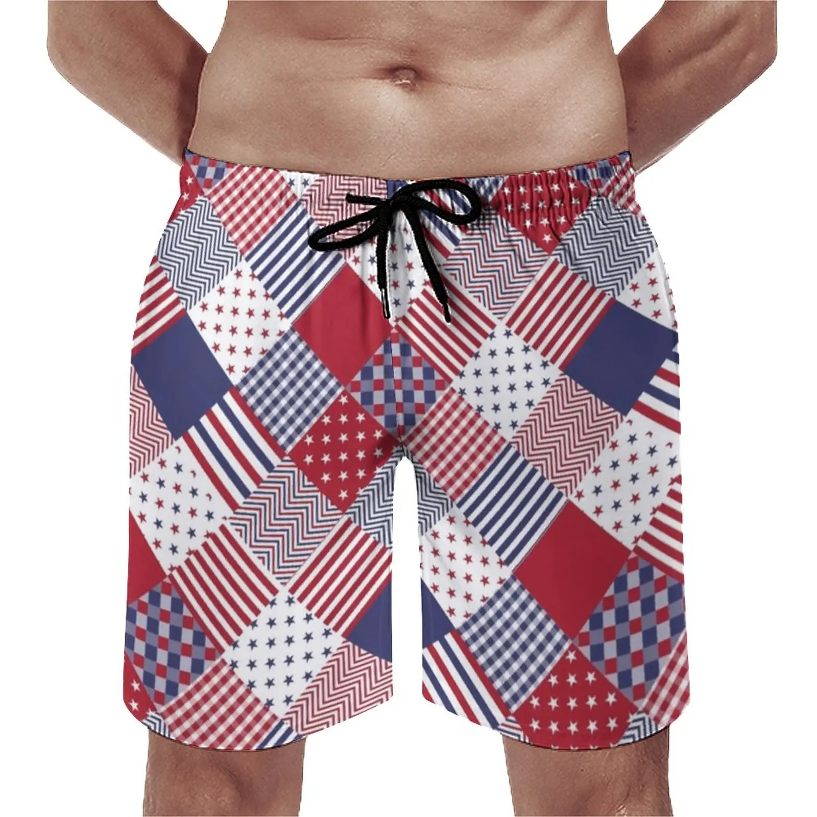 

USA Flag Patchwork Board Shorts Blue And White Stripes Cute Board Short Pants Graphic Sports Fitness Quick Dry Swimming Trunks