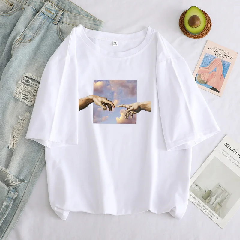 

New Women T-Shirts Michelangelo Funny Cartoon Print Short Sleeve Grunge Aesthetic Hand Graphic Clothes Casual Tops Female Tee