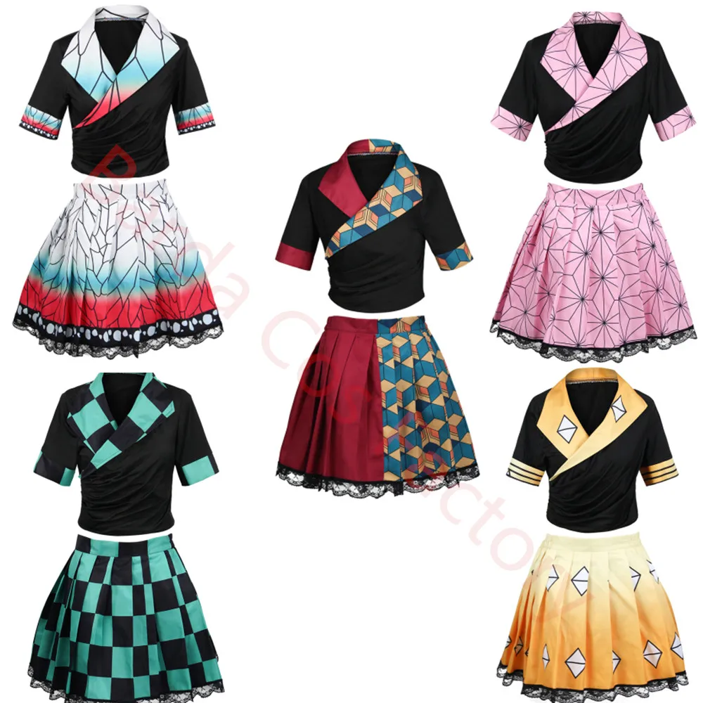 

Anime New Demon Slayer Kamado Tanjirou Nezuko Kimetsu No Yaiba Kochou Shinobu Cosplay Costume Full Set Halloween Women Top/Skirt