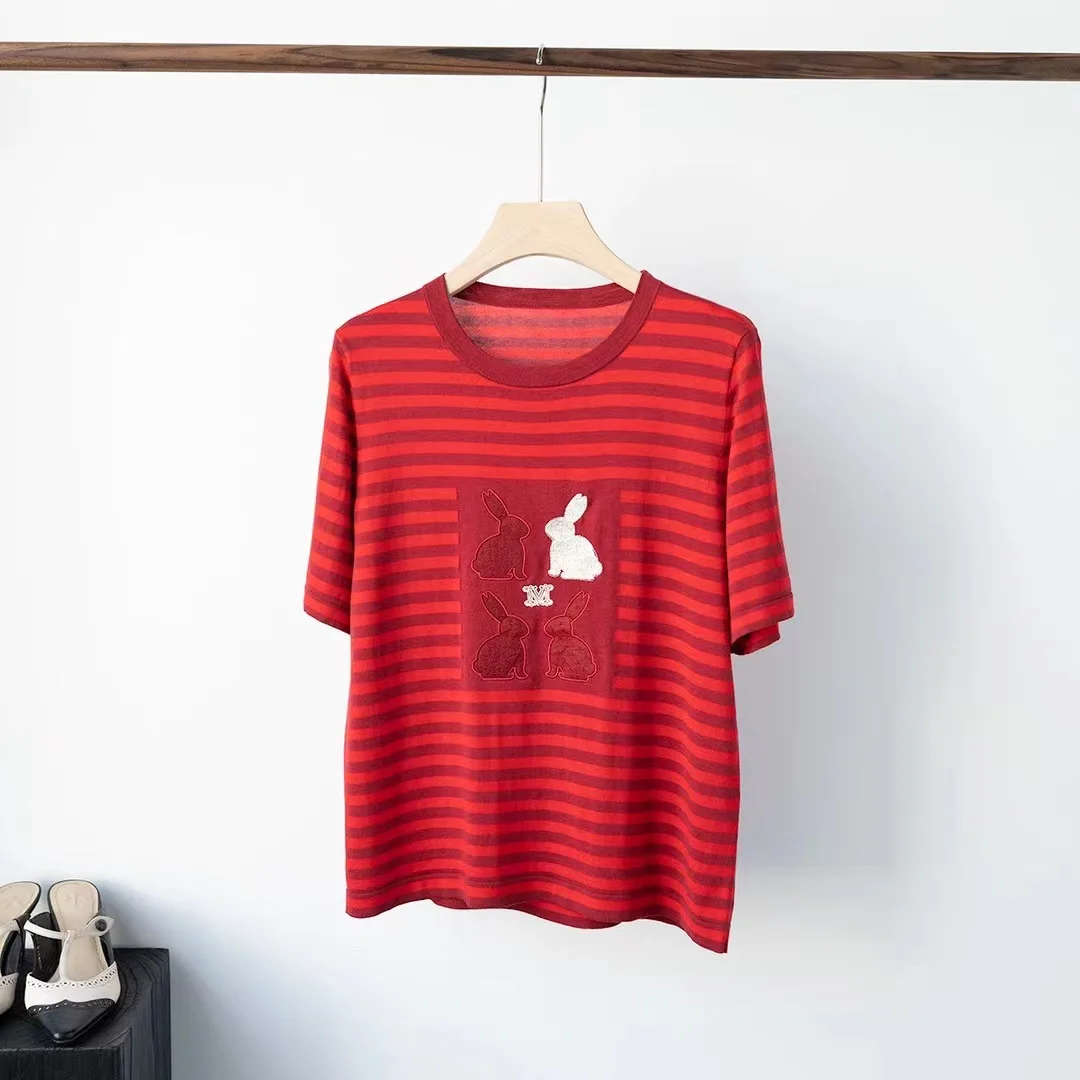 

Женская Полосатая Шелковая футболка с коротким рукавом, новинка весны-лета 2023