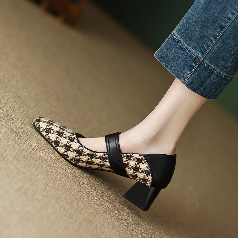 

2023 Spring Women's Pumps Leather Shoes for Women Square Toe Chunky Heel Shoes Retro med Heel Mary Janes Matrue Black Shoes