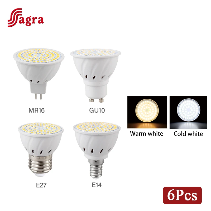 6pcs/lot LED Bulb E27 E14 MR16 GU10 48 60 80 LEDs Lampada LED Light 110V 220V Bombilla Spotlight Lighting Cold/Warm White Lamp