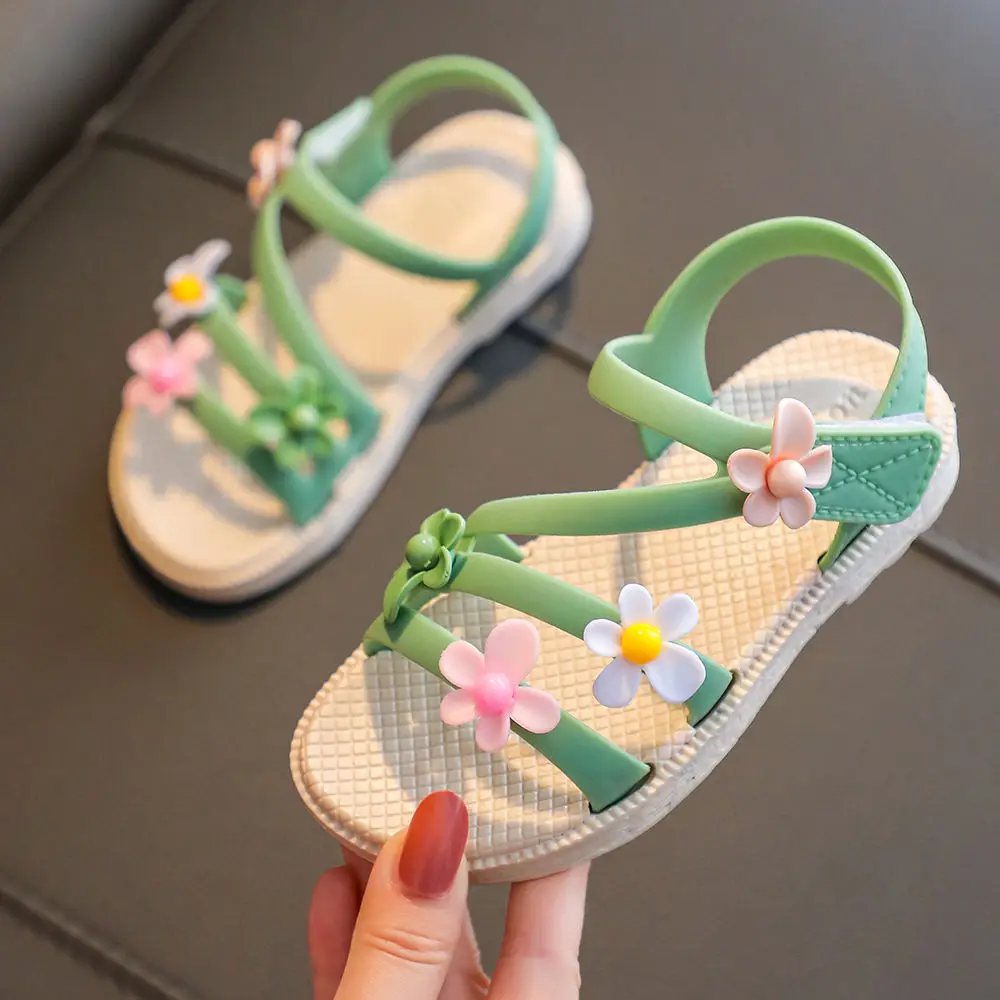 

Girls Summer Sandals 2022 Flower Simple Cute Pink Green Children Sandals Toddler Baby Soft Casual School Girl Shoes