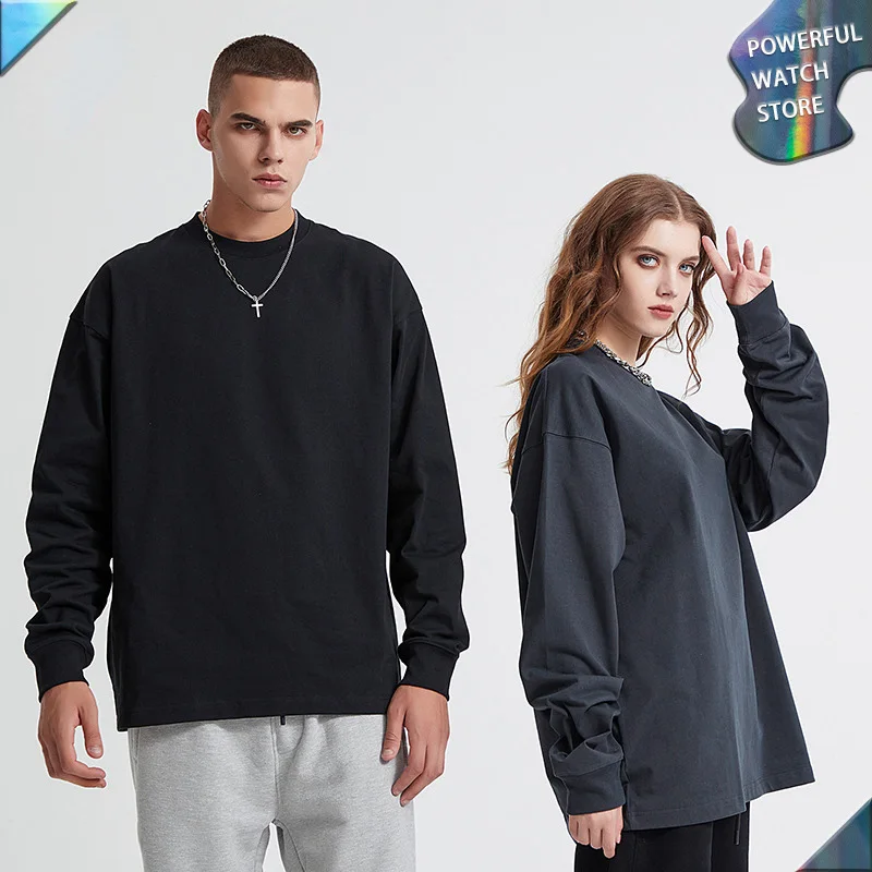 

2023 winter autumn new High quality heavy 320g double yarn pure cotton long-sleeved t-shirt solid color high street tide brand T