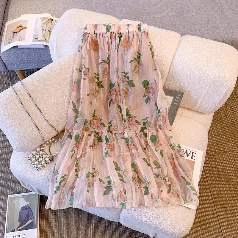

2023 Elegant Boho Chiffon Floral Skirt For Women Clothing Summer High Waisted A-line Yarn Skirt Pear Shaped Pleated Skirts BC220
