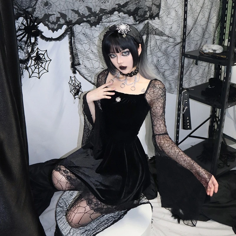 

Womens Square Neck Velvet Lace Trim Pleated Gothic Punk Mini Swing Dress Spider Web Mesh Long Bell Sleeve Streetwear
