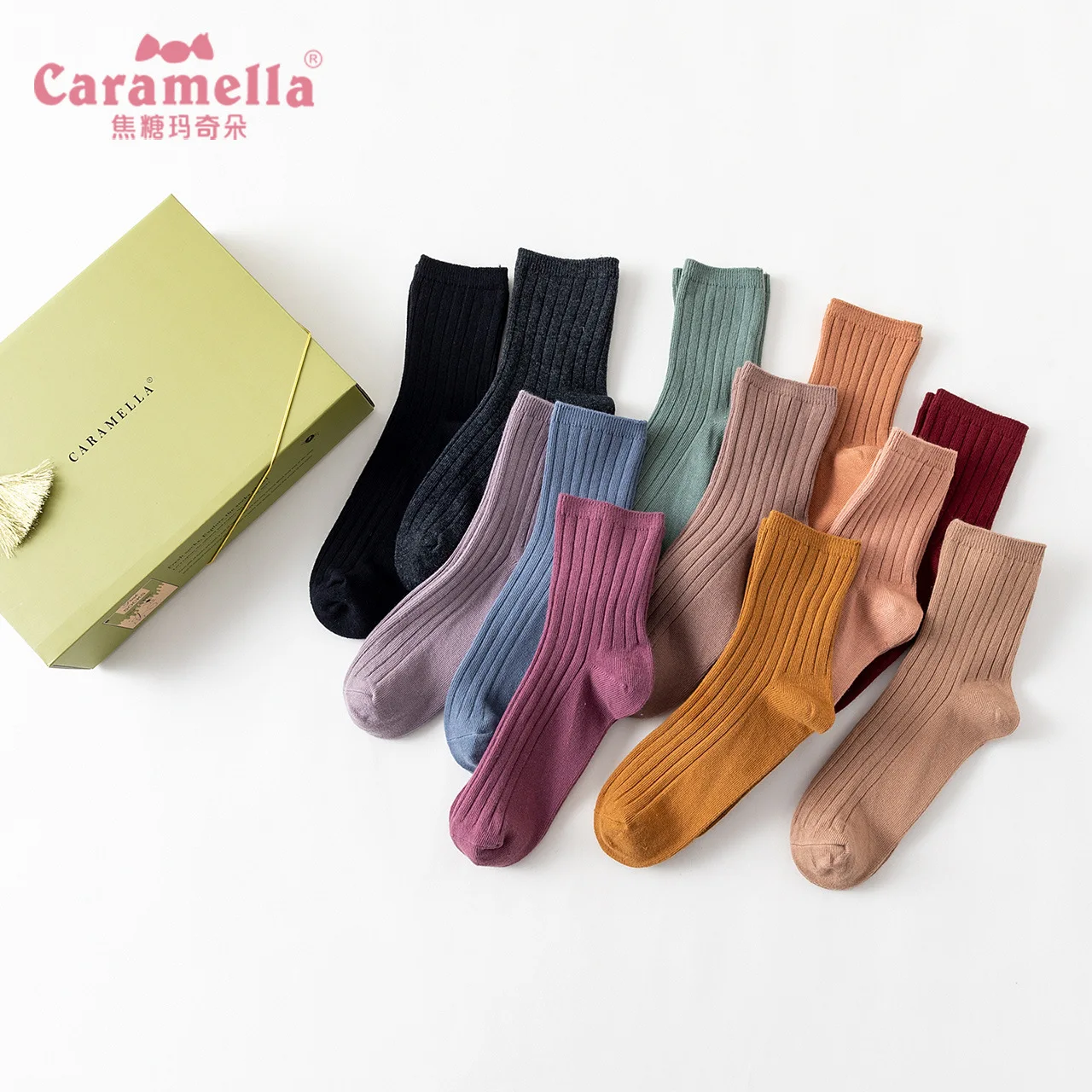 Free Shipping 12pairs/box Caramella Winter Socks Fashion Solid Color Socks Female Long Staple Cotton Double needle Socks 51612
