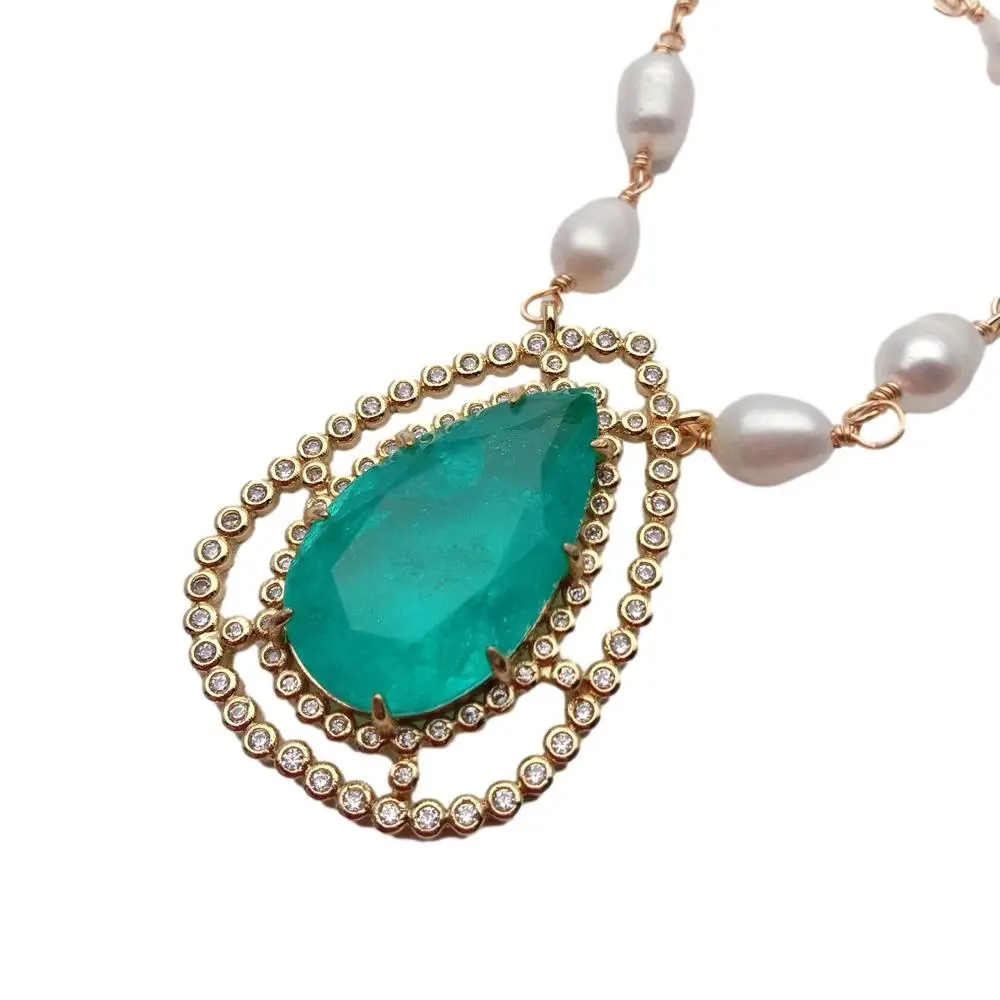 

Y.YING Freshwater White Rice Pearl Rosary Chain Necklace Green Quartz Teardrop Cz Pave Pendant