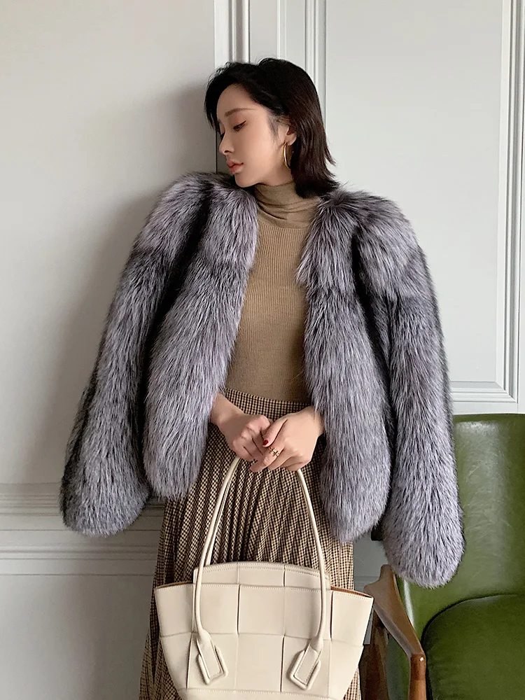 Imported Full Pelt Silver Fox Fur Coats and Jackets Women Covered Button Real Fur Luxury Clothes Women's Long-sleeved Warm Coat