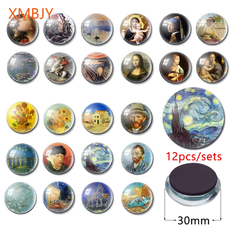 

30mm Glass Dome Fridge Magnet Landscape Oil Painting Van Gogh Art The Starry Night Irises Sunflowers Refrigerator Magnet