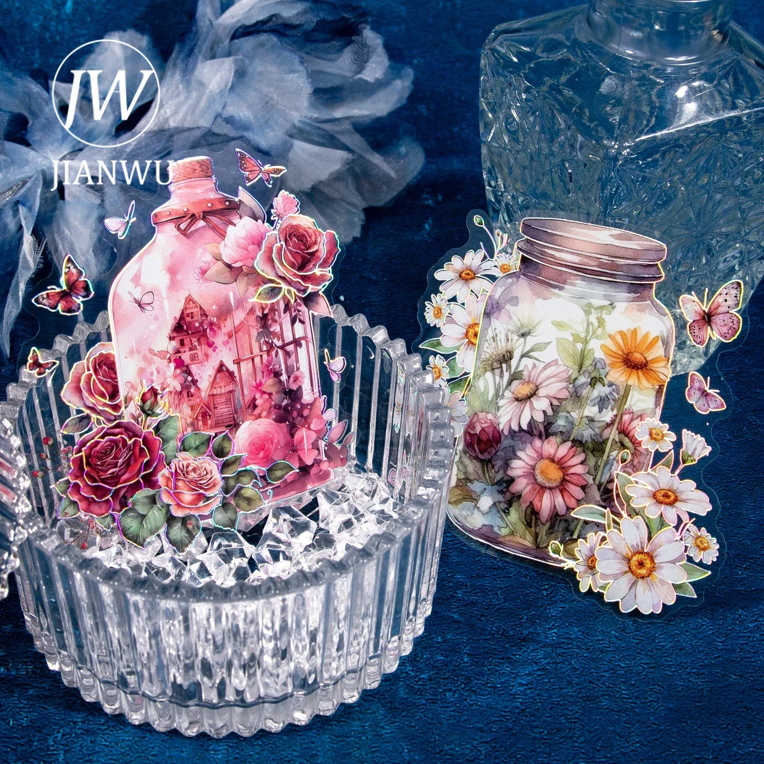 

JIANWU 10 Sheets Secret Realm Series Vintage Bottle Flower Material Decor PET Sticker Creative DIY Journal Collage Stationery