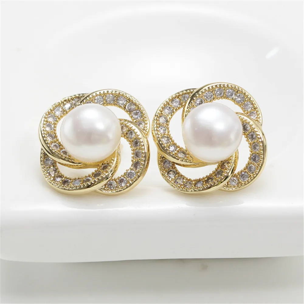 

Domestic gold 14K four grass zircon pearl earrings empty fashion earrings S925 silver needle female DIY accessories