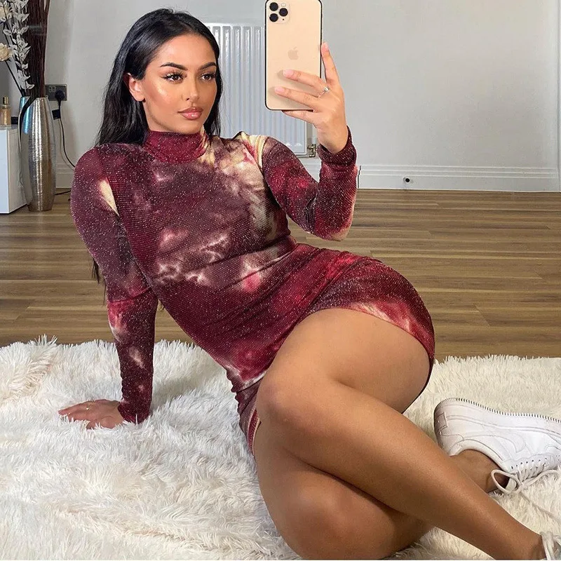 

Red Y2k Dress Women Dresses Winter 2021 Fashion Party Print Cute Long Sleeve Sheath Outfits Sexy Slim High Neck Dresses Vestidos