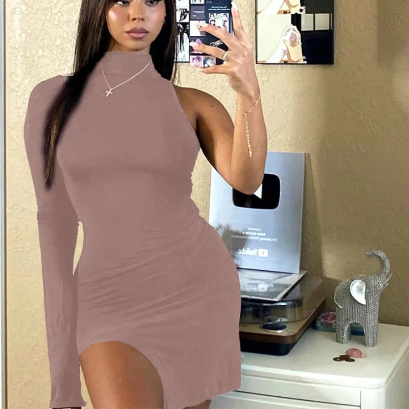 

Y2k Solid Color One-shoulder Long-sleeved Women Party Dress Side Slit Autumn Fashion Sexy Tight Club Wear Mini Temperament Dress