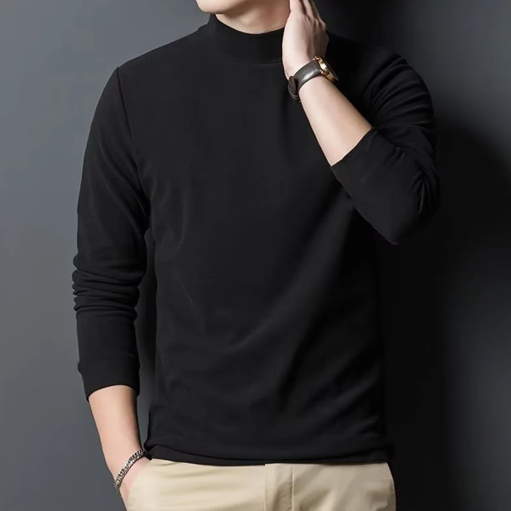 Men Half Turtleneck Thermal Shirt Solid Color Elastic Double Sided Fleece Top Solid Long Sleeved Self-heating Bottoming Shirt