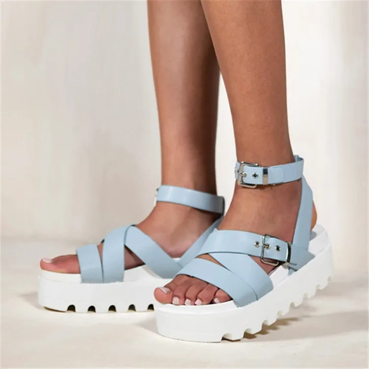 

Fashion Woman Gladiator Sandals Flat Shoes Female Hasp Platform Shoes Women Cross Straps Thick Bottom Sandals Large Size 35~43