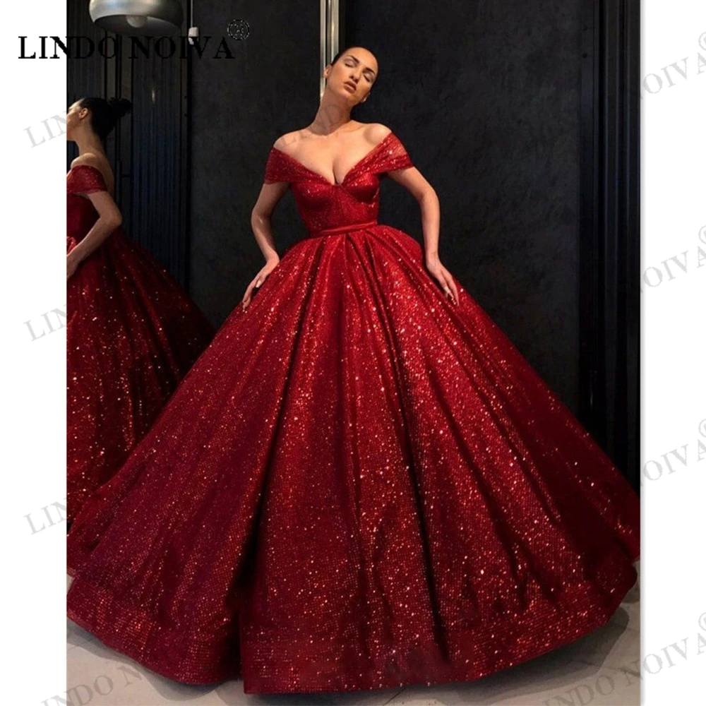 

LINDO NOIVA Wine Red Off the Shoulder Prom Dress Glitter Sequins Evening Dresses Shiny Party Ball Gown Vestidos De Fiesta