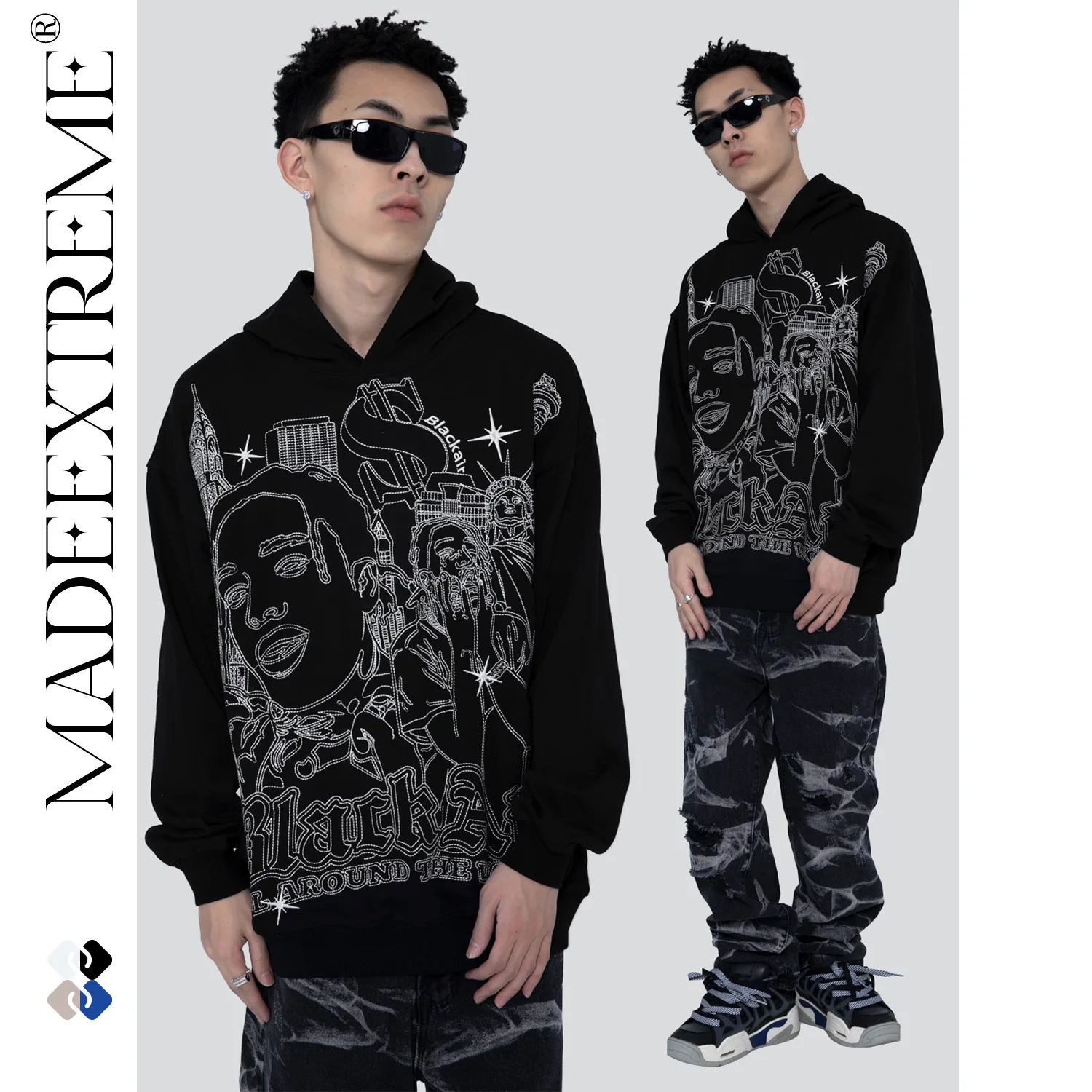 

Толстовка MADEEXTREME с графической вышивкой, Мужская Уличная одежда в стиле ретро, модный Свободный пуловер 2022, мужская и женская одежда в стиле ...