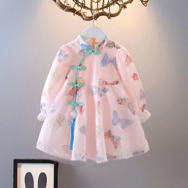 Girls Floral Long-sleeved Dress Spring autumn Children's Dress Princess Dress Hanfu Fashion Cheongsam 2023 DressFor Girls Baby