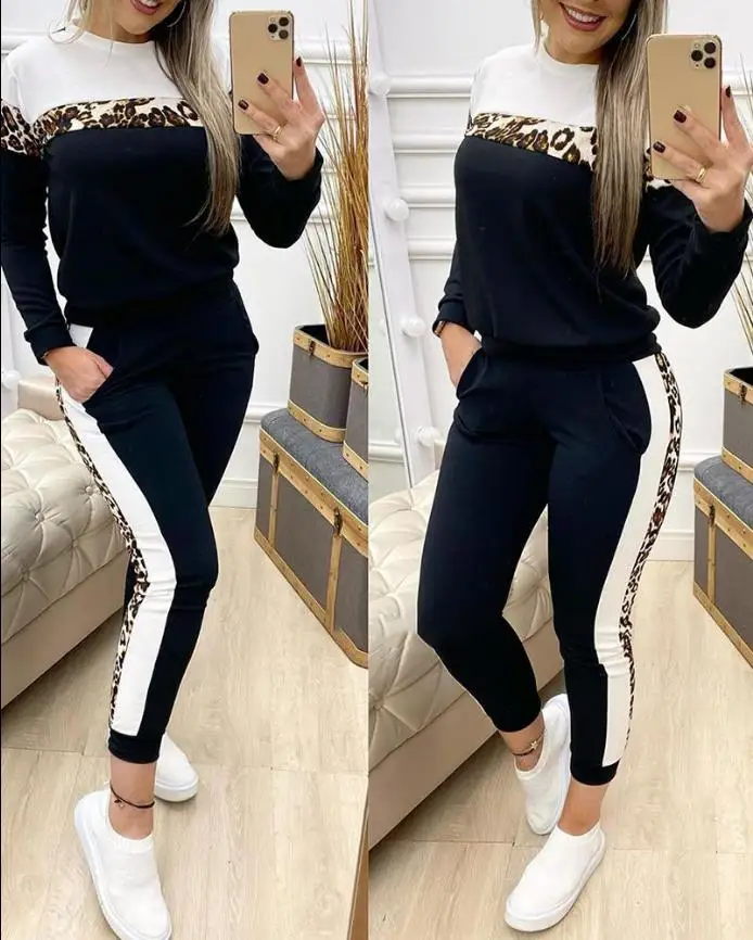 

Cheetah Print Colorblock Top & Pants Set Long Sleeve Spring Autumn Pants Suit Women Print Tops Loose Pants Two Piece Set