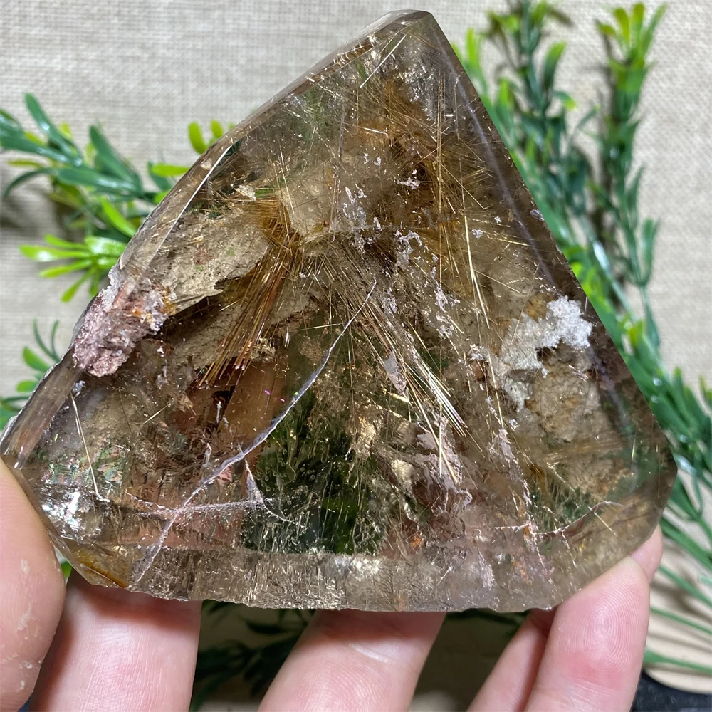 

361g Garden Gold Rutilated Natural Stone Quartz Hair Crystal Polyhedral Mineral Energy Reiki Healing Feng Shui Home Decor Palm