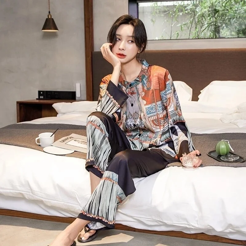 

Весна-лето 2023, свободная атласная пижама с принтом для женщин, пижамный комплект из ледяного шелка в китайском ретро-стиле, трендовые штаны с длинным рукавом, для дома