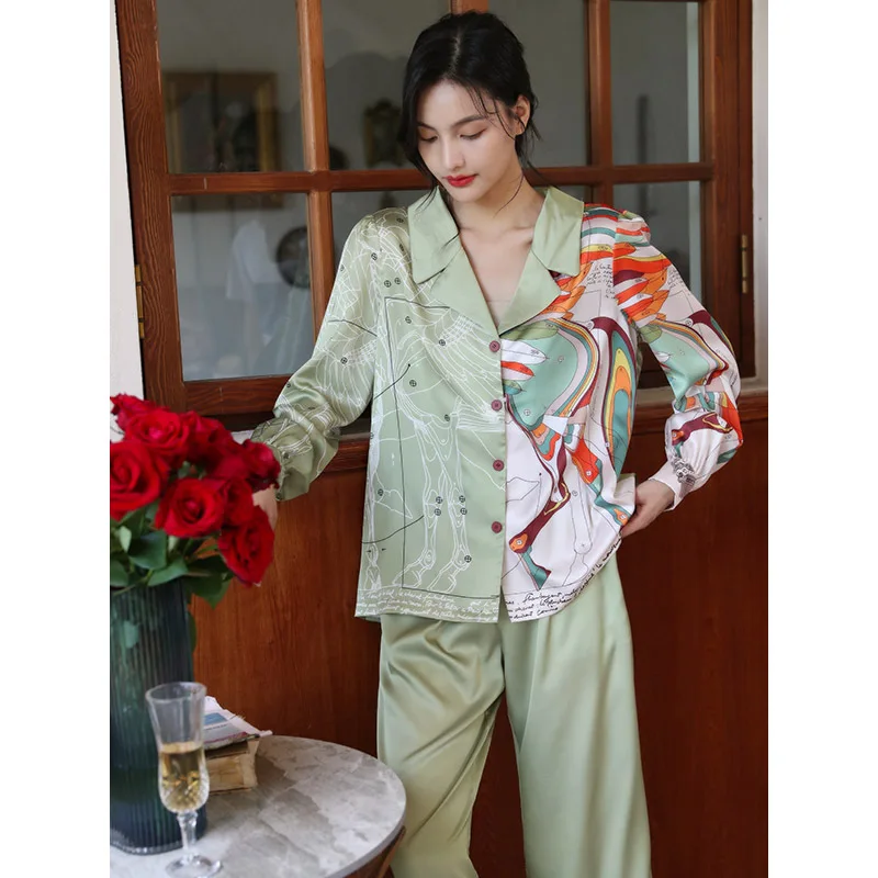 

2021 Autumn Women's Pajamas Long Sleeve Ice Silk Two-piece Set Print Satin Home Clothes Loungewear Women Sleepwear Trouser Suits