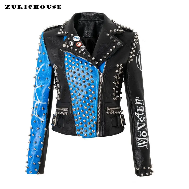 

Slim Cropped Leather Jacket for Women 2023 Trend Punk Rivets Style Streetwear Graffiti Print Faux Leather Motorcycle Jackets