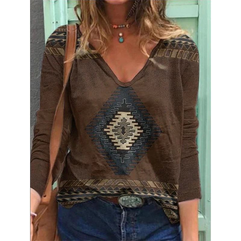 

Vintage Bohemia Style Women Graphic T Shirts Crew Neck Long Sleeve Casual Pullover Tops Oversized T-shirt Ladies Streetwear 2022