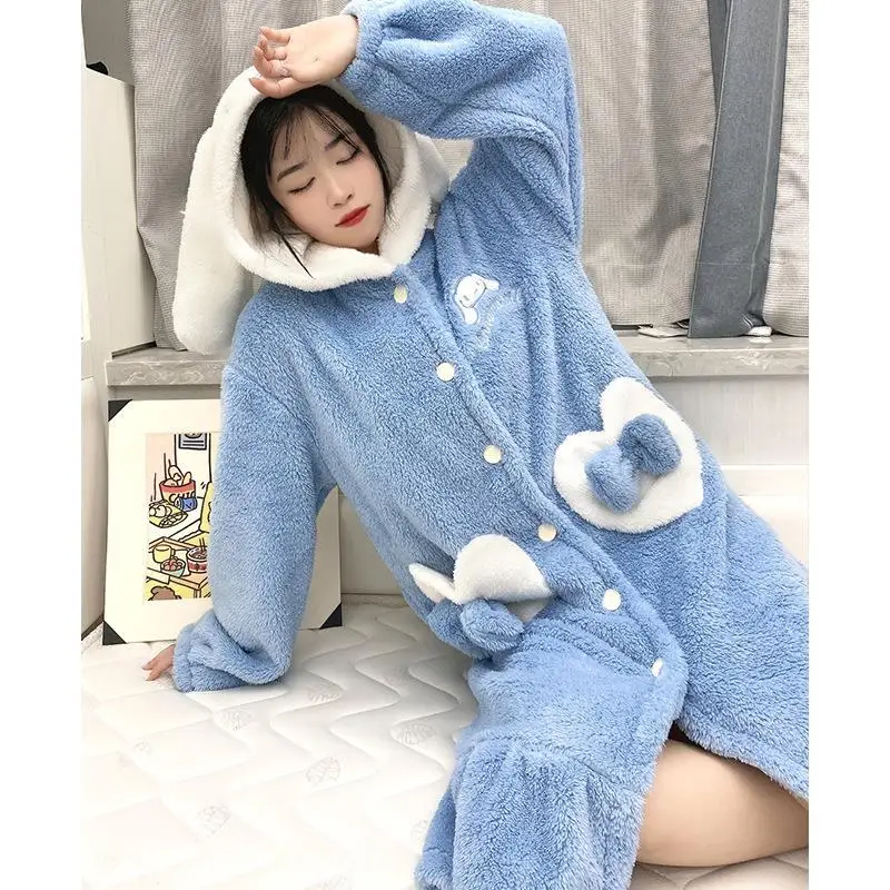 Lovely Women's Nightgown Hooded Fleece Nightdress Plush Warm Loungewear with Pocket Sky Blue Dog Animal Pajamas Cosplay Homewear