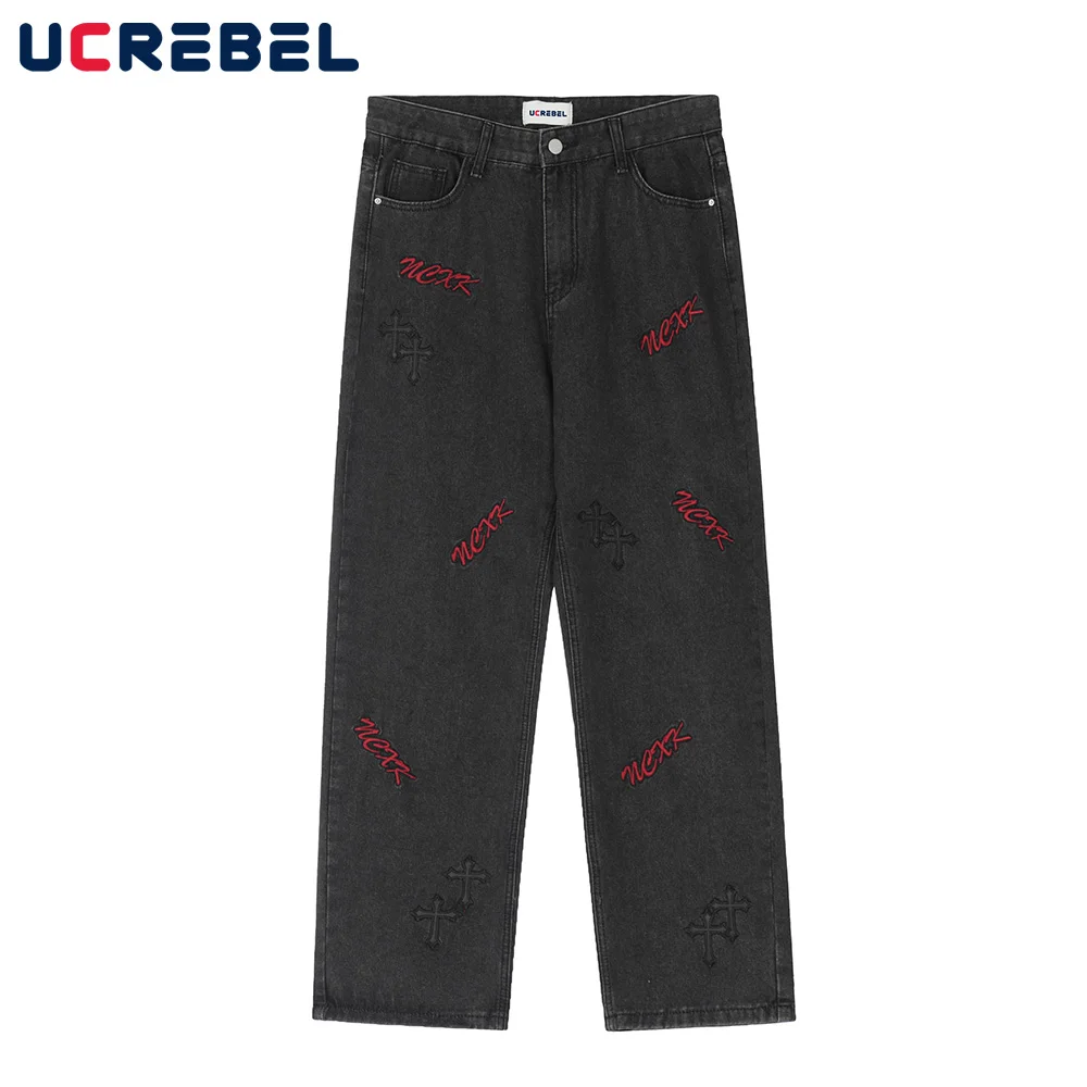 

Letter Embroidery Jeans Mens Retro Loose Straight-leg Pants Cross Patch Casual Trousers High Street Denim Pants Men