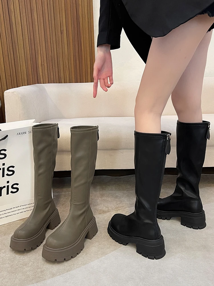 

Women Boots Over Knee Boots-Women Zipper Round Toe Female Shoes Flat Heel Winter Footwear Over-the-Knee Rubber 2023 Lolita Ladie
