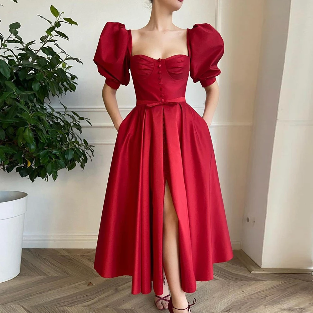 

Chic Red Cocktail Dresses A-Line Ankle-Length Front Split Prom Gowns Short Puffy Sleeves Homecoming Dress graduation dress